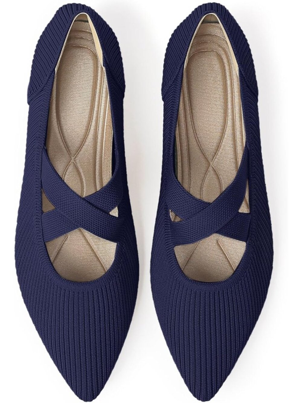 Women's Navy Knit Mary Jane Flats Pointed Toe Comfortable Slip On Dressy Shoes